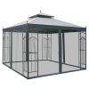 Outsunny 10x10 Steel Patio Gazebo Canopy Grey with Mesh Curtains Shelves