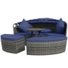 Outsunny 4 Piece Round Rattan Daybed Furniture Set, Canopy, Outdoor Sofa, 2 Chairs, Extending Table Ottoman Chair, Pillows, Blue