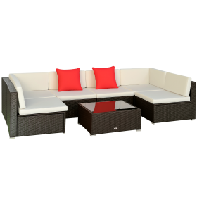 Outsunny 7 Piece Outdoor Patio Furniture Set, PE Rattan Wicker Sectional Sofa Set with Couch Cushions, Throw Pillows and Coffee Table, Orange, Cream