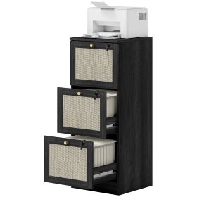 3 Drawer Filing Cabinet with Lock, Boho File Cabinet for A4 Letter Size Files with Decorative Rattan Accents, Black