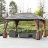 Outsunny 10' x 13' Hardtop Gazebo with Curtains and Netting, Outdoor Pavilion Gazebo with Top Hook, Ceiling Hook, for Garden, Brown