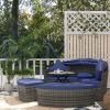 Outsunny 4 Piece Round Rattan Daybed Furniture Set, Canopy, Outdoor Sofa, 2 Chairs, Extending Table Ottoman Chair, Pillows, Blue