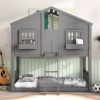 Twin over Twin House Bunk Bed with Roof , Window, Window Box, Door , with Safety Guardrails and Ladder